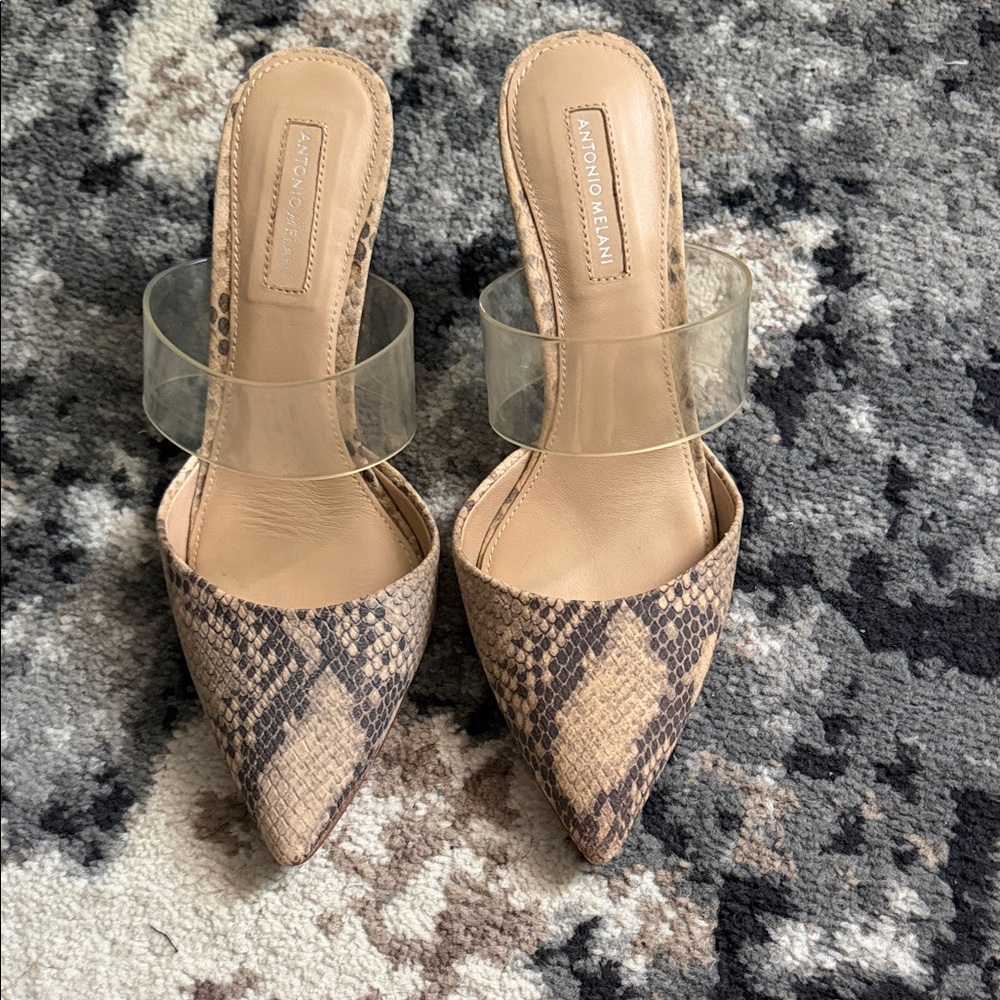 ANTONIO MELANI Beige Snake-Print Pointed Mule with Clear Strap